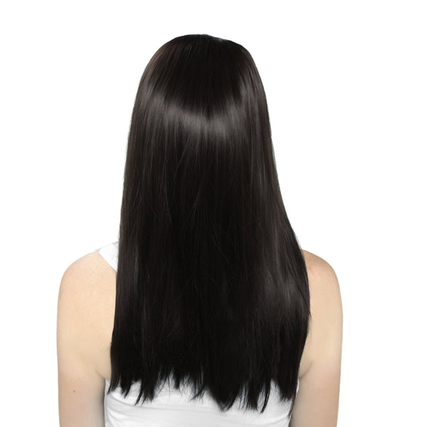 Long Straight Black Brown Wig with Bangs, Heat Resistant Synthetic Wig