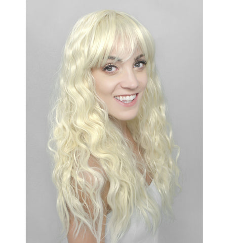 Platinum Blonde Crimped Curly Long Synthetic Wig With Bangs