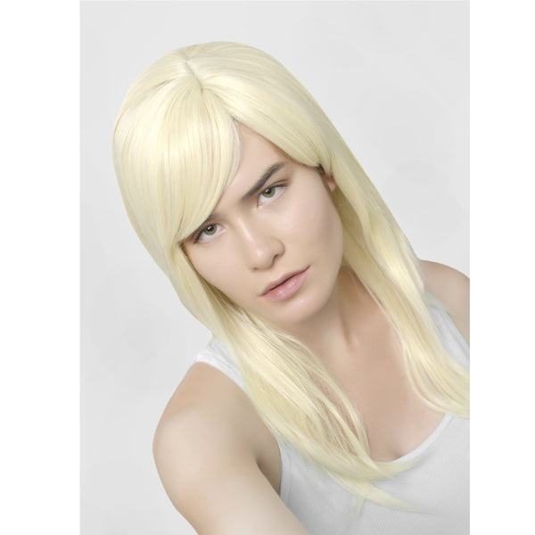 Long Platinum Blonde Razored Synthetic Realistic Heat Resistant Wig With Bangs