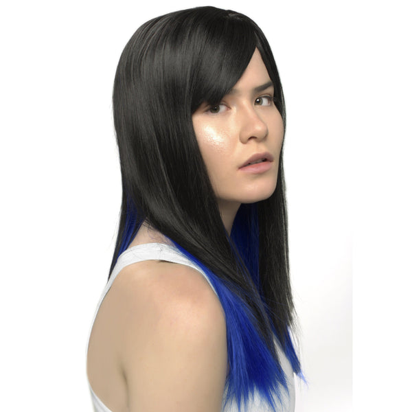 Long Straight Black/Blue Synthetic Wig With Bangs Heat Resistant Realistic Looking