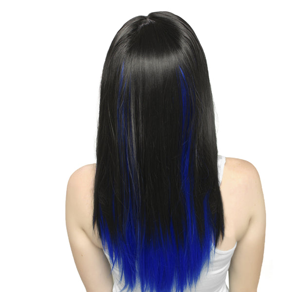 Long Straight Black/Blue Synthetic Wig With Bangs Heat Resistant Realistic Looking