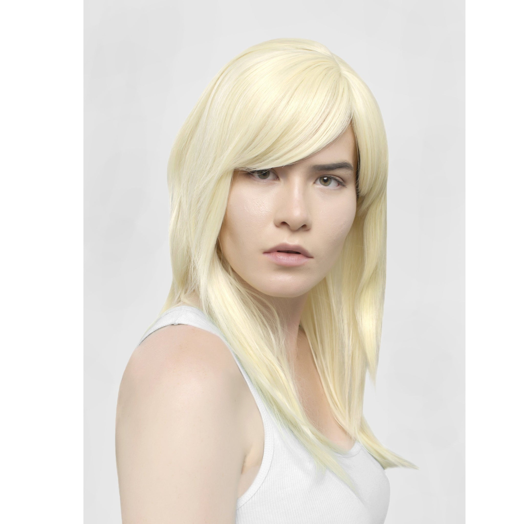 Long Platinum Blonde Razored Synthetic Realistic Heat Resistant Wig With Bangs