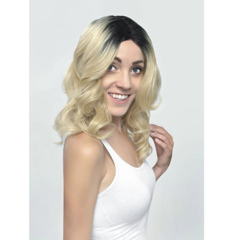 Long Curly Golden Blonde With Black Roots Synthetic Realistic Heat Resistant Ombre Wig With