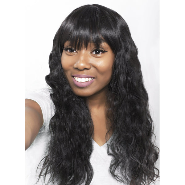 Long Crimped Brown Black Wig With Bang Realistic Heat Resistant