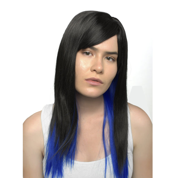 Long Straight Black/Blue Synthetic Wig With Bangs Heat Resistant Realistic Looking