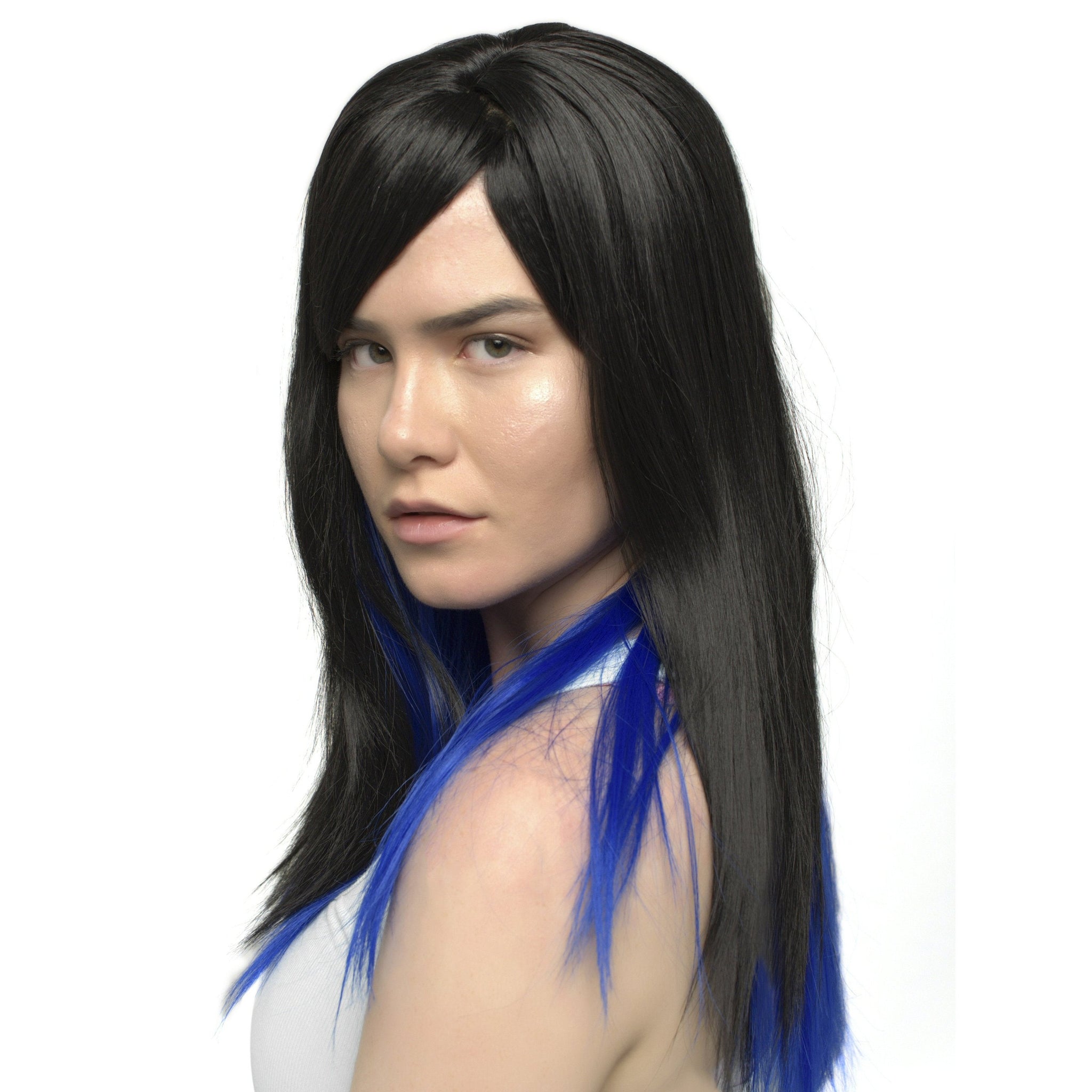 Long Straight Black/Blue Synthetic Wig With Bangs Heat Resistant Realistic Looking