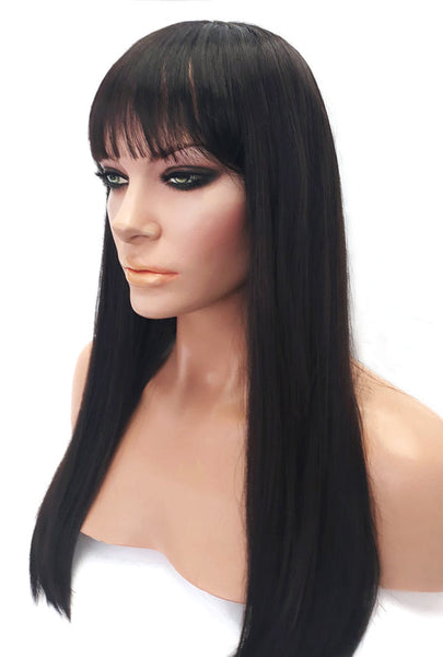 Long Straight Black Brown Wig with Bangs, Heat Resistant Synthetic Wig