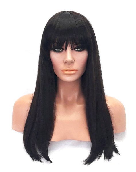 Long Straight Black Brown Wig with Bangs, Heat Resistant Synthetic Wig