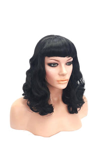 Black Pin-up Burlesque Wig with Bangs, 20” Black Synthetic Wig with Long Curls