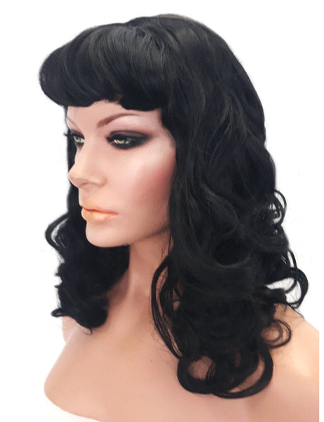 Black Pinup Wig with Bangs, 20 inch Medium Size Black Synthetic Wig with Long Curls, Realistic Wig Hair Natural Look for Women Everyday