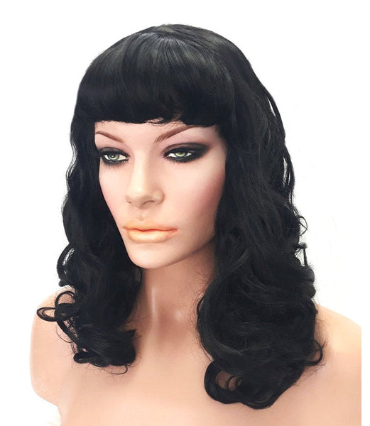 Black Pinup Wig with Bangs, 20 inch Medium Size Black Synthetic Wig with Long Curls, Realistic Wig Hair Natural Look for Women Everyday