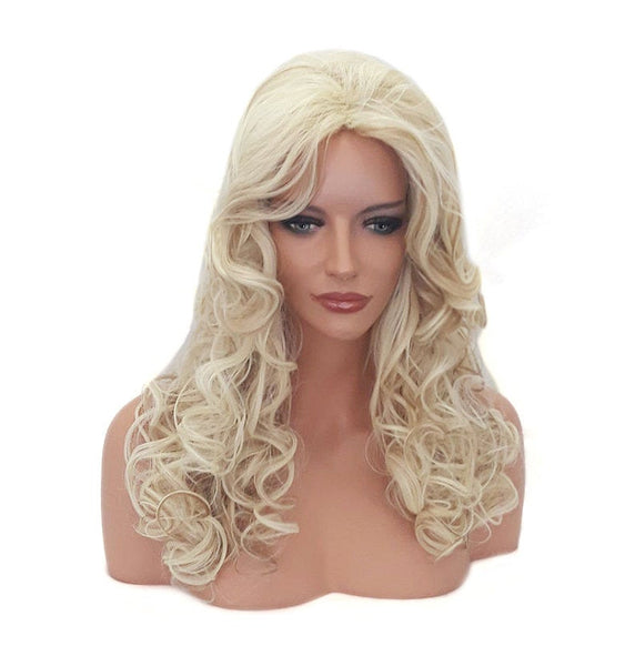 Platinum Blonde Synthetic Lace Front Wig, Long Extra Volume Curly Blonde Wig with Brown