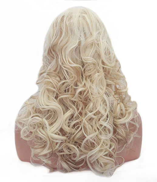 Platinum Blonde Synthetic Lace Front Wig, Long Extra Volume Curly Blonde Wig with Brown