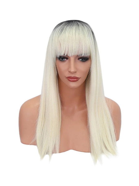 Long Platinum Blonde Synthetic Wig with Black Roots and Bangs