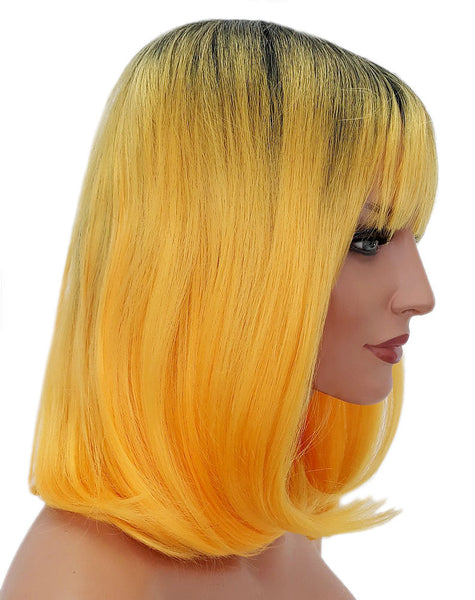 Yellow and Black Ombre Bob Style Heat Resistant Wig With Bangs and Curls