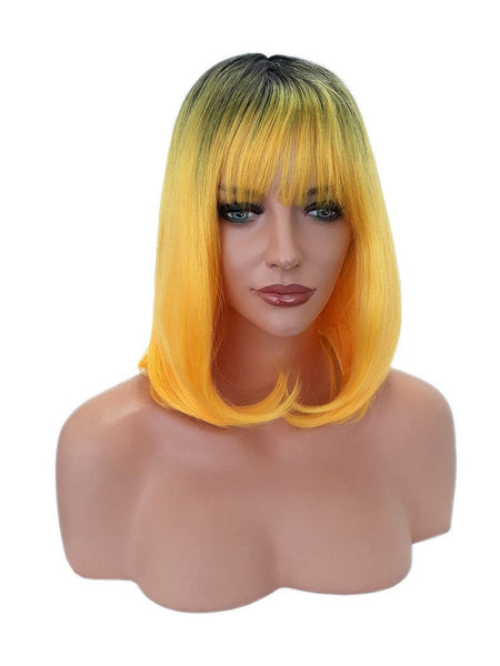 Yellow and Black Ombre Bob Style Heat Resistant Wig With Bangs and Curls