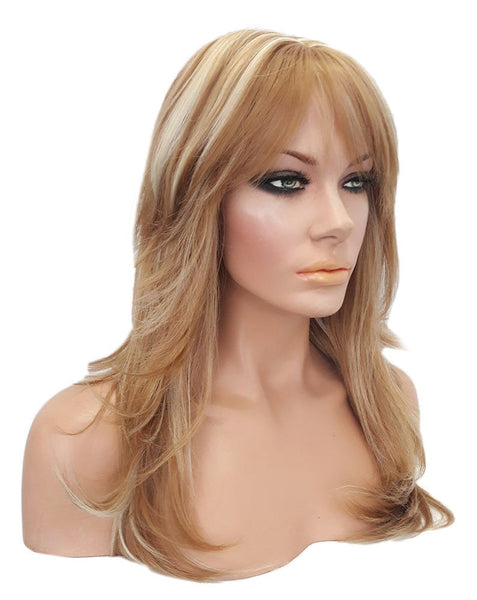 Strawberry Platinum Blonde Highlighted Synthetic Wig, Long Layered Wavy Wig with Side Bangs, Luxury Kanekalon Hair Wig for Women