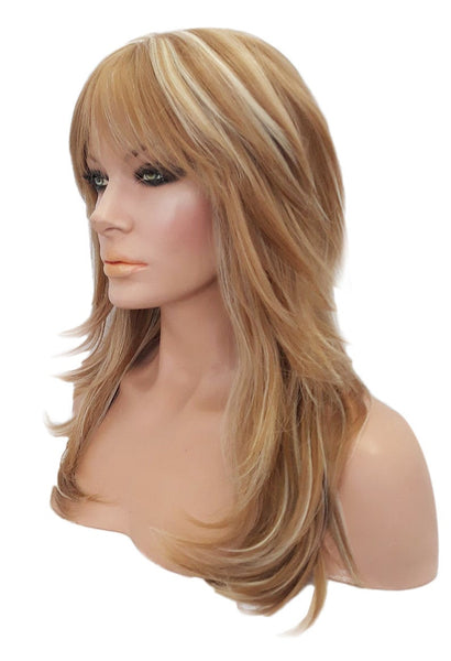 Strawberry Platinum Blonde Highlighted Synthetic Wig, Long Layered Wavy Wig with Side Bangs, Luxury Kanekalon Hair Wig for Women