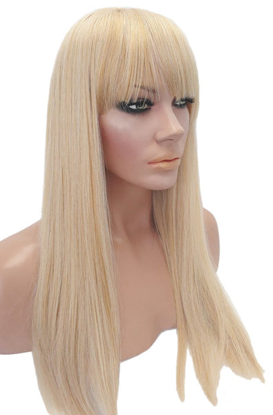 Straight, Long, Blonde, Wig, With Bangs, Platinum and Golden Blonde Mix