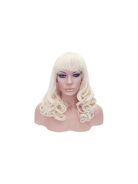 Curly Realistic Heat Resistant Platinum Blonde Pinup Style Wig with Bangs