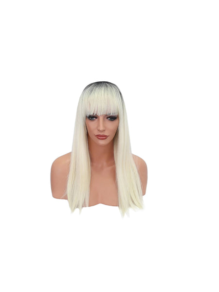 Long Platinum Blonde Synthetic Wig with Black Roots and Bangs