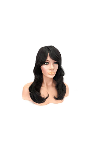 Long Black Brown Wavy Layered Synthetic Wig, Brown Wig with Side Swept Bangs