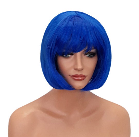 Blue Short Bob Wig with Bangs, Blue Page Boy Style Synthetic Wig