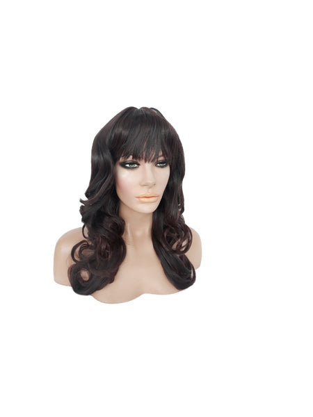 Long Curly Black and Auburn Synthetic Realistic Heat Resistant Wig With Bangs