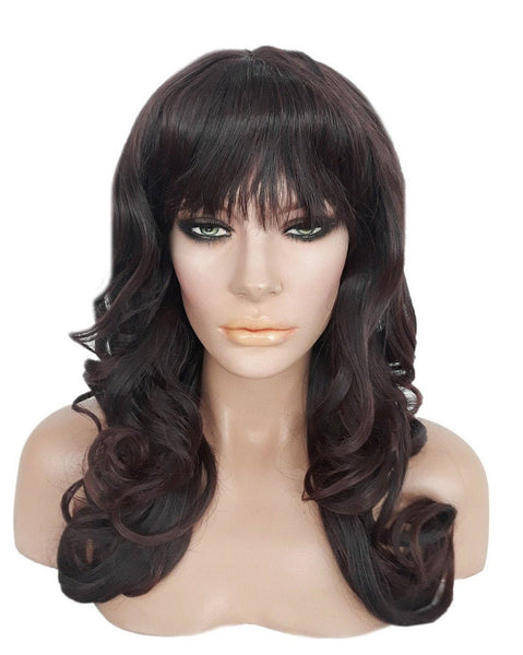 Long Curly Black and Auburn Synthetic Realistic Heat Resistant Wig With Bangs