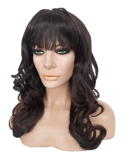 Long Curly Black and Auburn Synthetic Realistic Heat Resistant Wig With Bangs