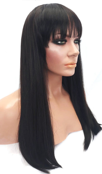 Long Straight Black Brown Wig with Bangs, Heat Resistant Synthetic Wig