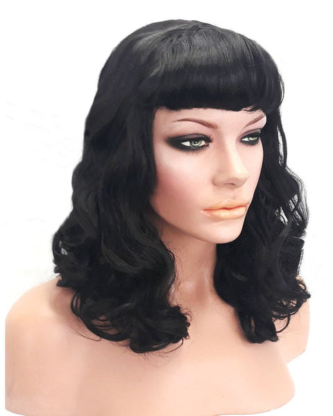 Black Pinup Wig with Bangs, 20 inch Medium Size Black Synthetic Wig with Long Curls, Realistic Wig Hair Natural Look for Women Everyday