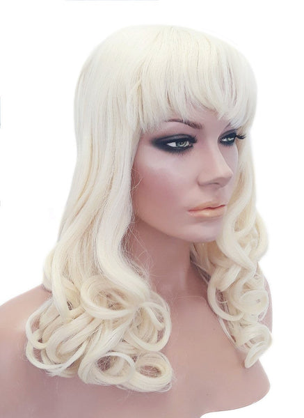 Curly Realistic Heat Resistant Platinum Blonde Pinup Style Wig with Bangs