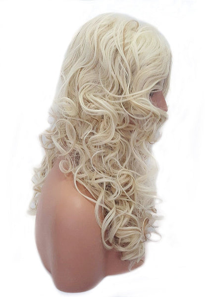 Platinum Blonde Synthetic Lace Front Wig, Long Extra Volume Curly Blonde Wig with Brown