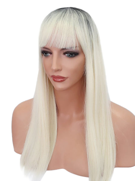 Long Platinum Blonde Synthetic Wig with Black Roots and Bangs