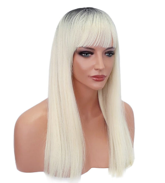 Long Platinum Blonde Synthetic Wig with Black Roots and Bangs