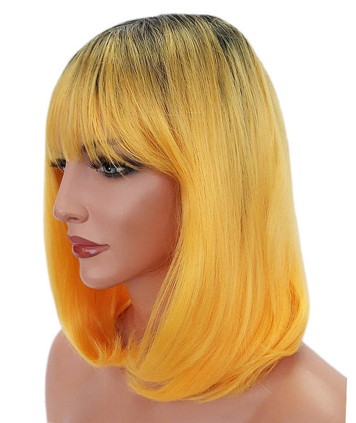 Yellow and Black Ombre Bob Style Heat Resistant Wig With Bangs and Curls