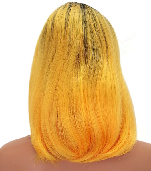 Yellow and Black Ombre Bob Style Heat Resistant Wig With Bangs and Curls