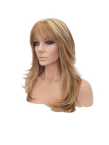 Strawberry and Platinum Blonde Highlighted Synthetic Wig, Long Layered Wavy Wig with Side Bangs