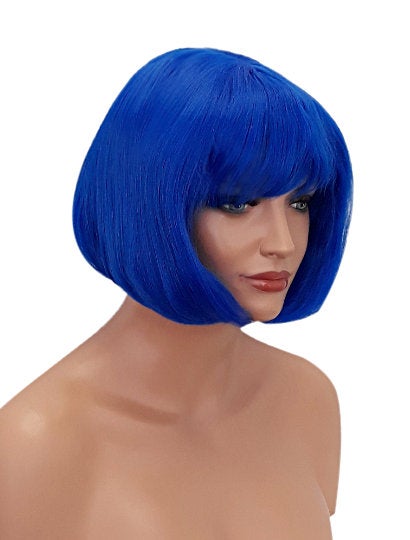 Blue Short Bob Wig with Bangs, Blue Page Boy Style Synthetic Wig