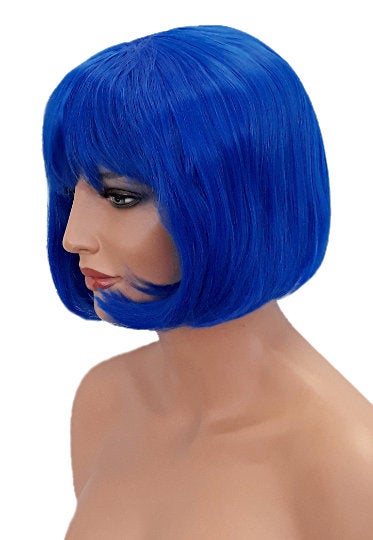 Blue Short Bob Wig with Bangs, Blue Page Boy Style Synthetic Wig