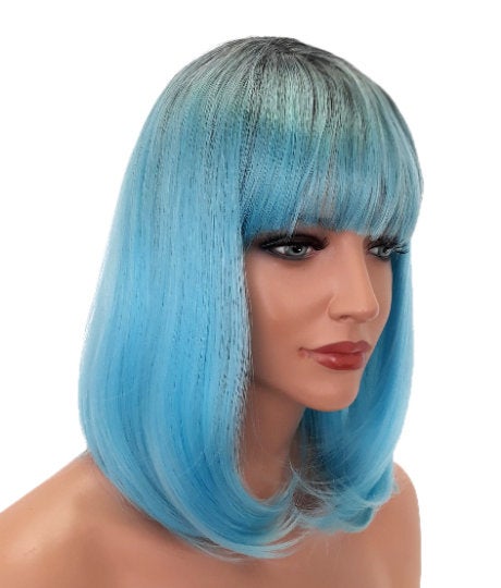 Light Blue With Black Roots Synthetic Ombre Curly Bob Style Wig