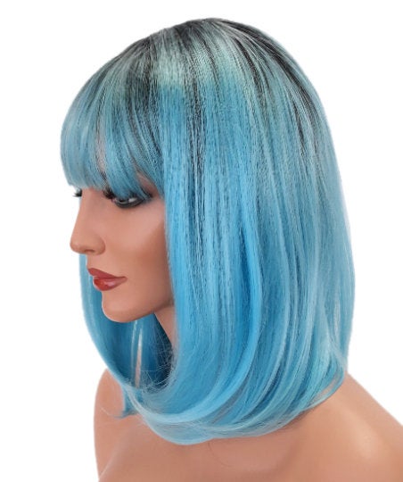 Light Blue With Black Roots Synthetic Ombre Curly Bob Style Wig