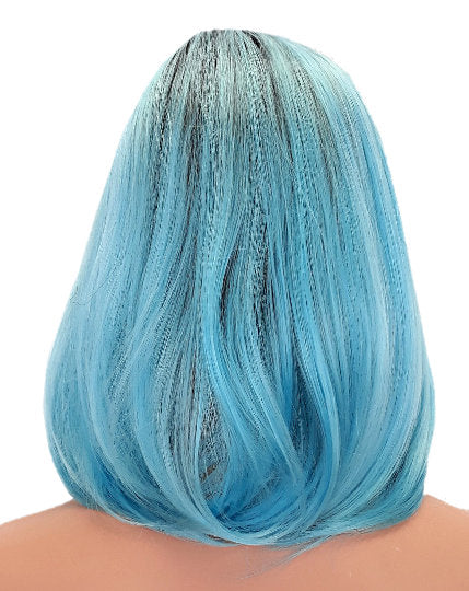 Light Blue With Black Roots Synthetic Ombre Curly Bob Style Wig