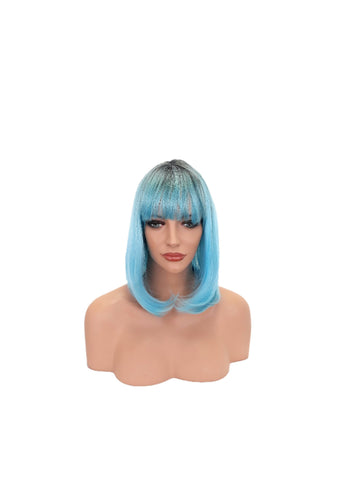 Light Blue With Black Roots Synthetic Ombre Curly Bob Style Wig