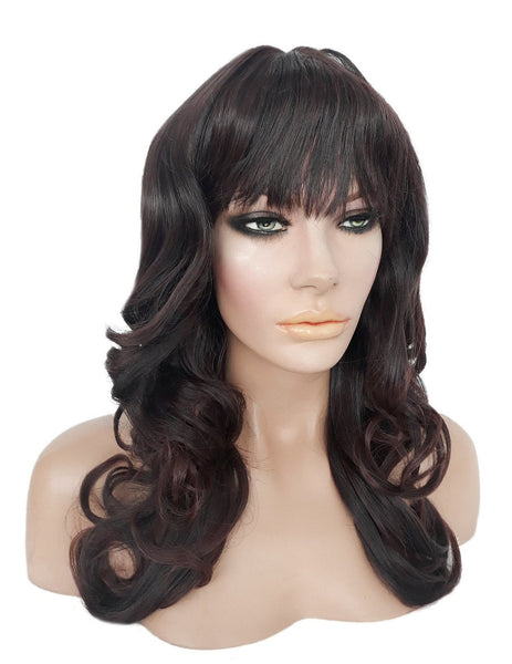 Long Curly Black and Auburn Synthetic Realistic Heat Resistant Wig With Bangs