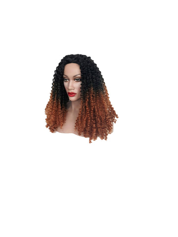 Long Afro Twist Style Curly Copper Brown and Black Roots Ombre  Lace Front Synthetic Wig