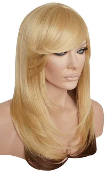 Ombre Blonde Wig with Chocolate Brown Ends Shag Style Long  layered Heat Resistant Synthetic Wig with Bangs and Skin Top Part