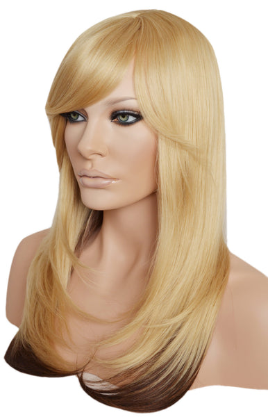 Ombre Blonde Wig with Chocolate Brown Ends Shag Style Long  layered Heat Resistant Synthetic Wig with Bangs and Skin Top Part