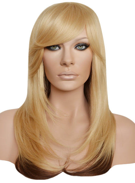 Ombre Blonde Wig with Chocolate Brown Ends Shag Style Long  layered Heat Resistant Synthetic Wig with Bangs and Skin Top Part